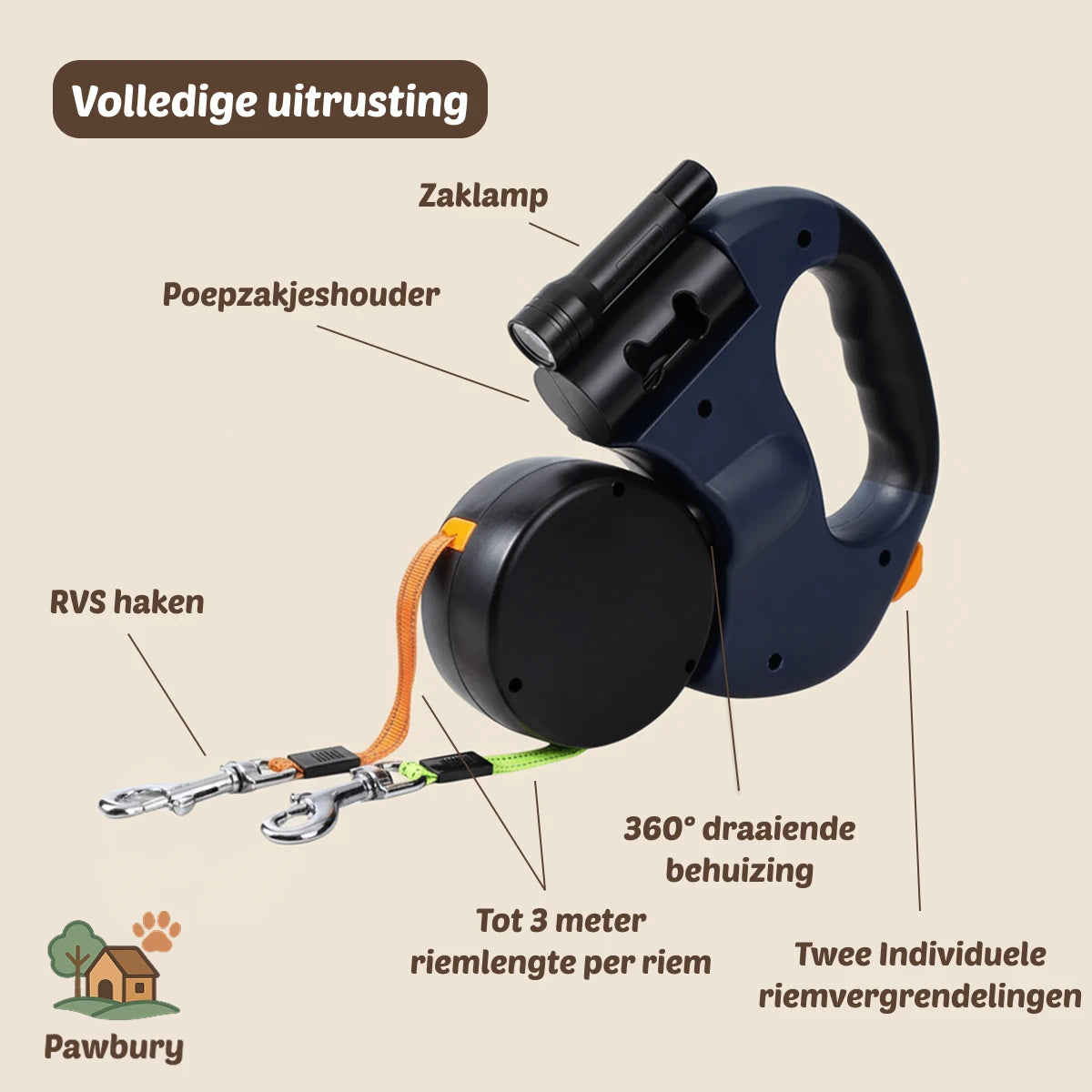 Pawbury's 2-in-1 Dog Leash - Handig & veilig tegelijk uitlaten zonder gedoe