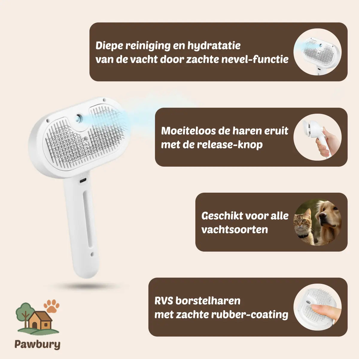 Pawbury's Steam Fur Brush - Moeiteloos een zachte, glanzende en gezonde vacht